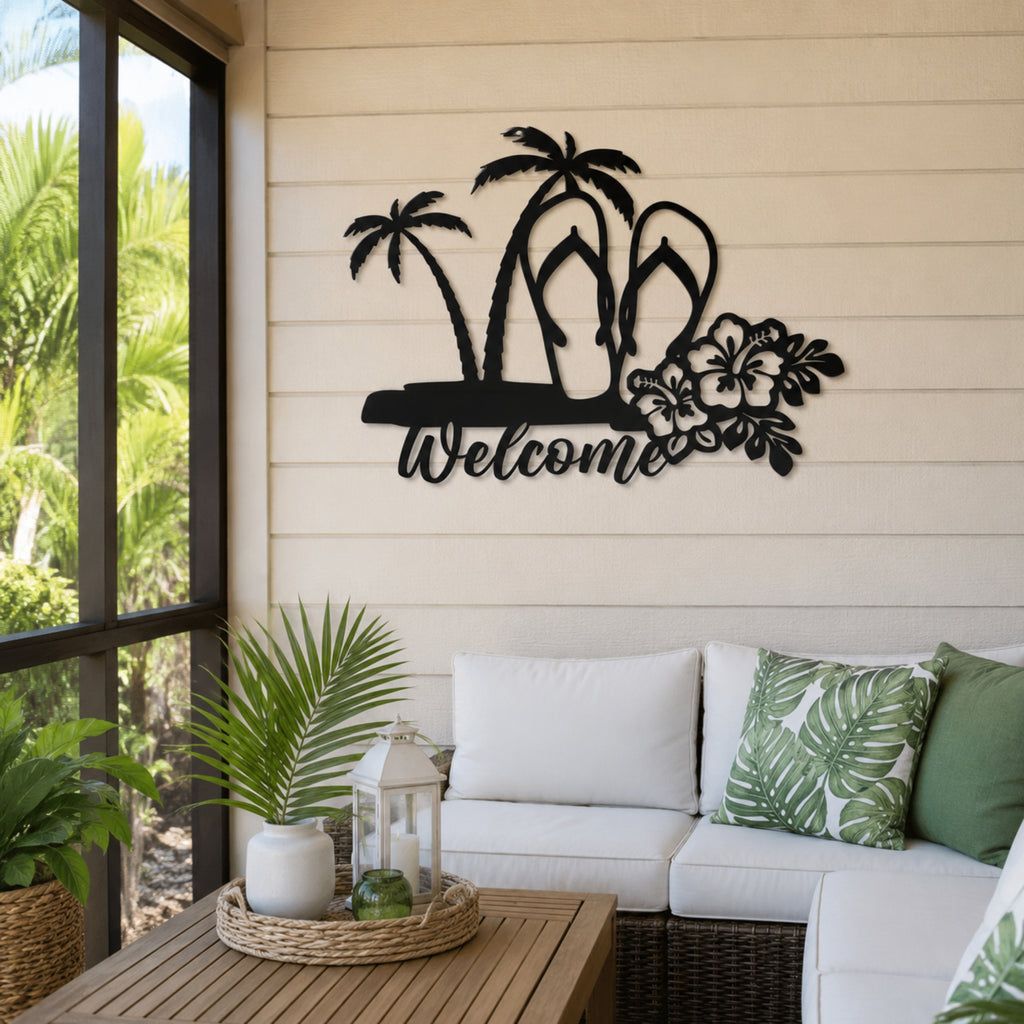 Tropical Welcome Metal Wall Art – Palm Tree & Flip Flop Decor