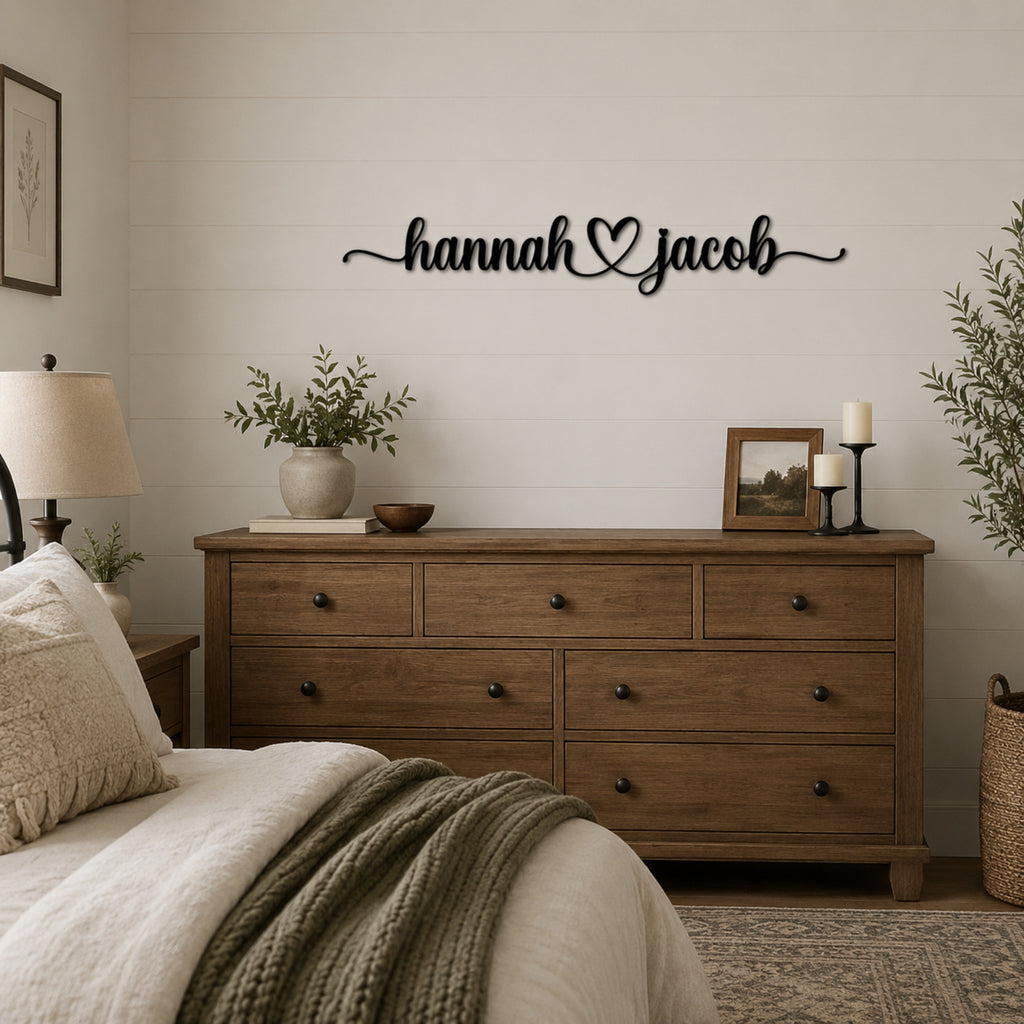 Personalized Couple Name Metal Sign with Heart – Romantic Script with Flourish Tails