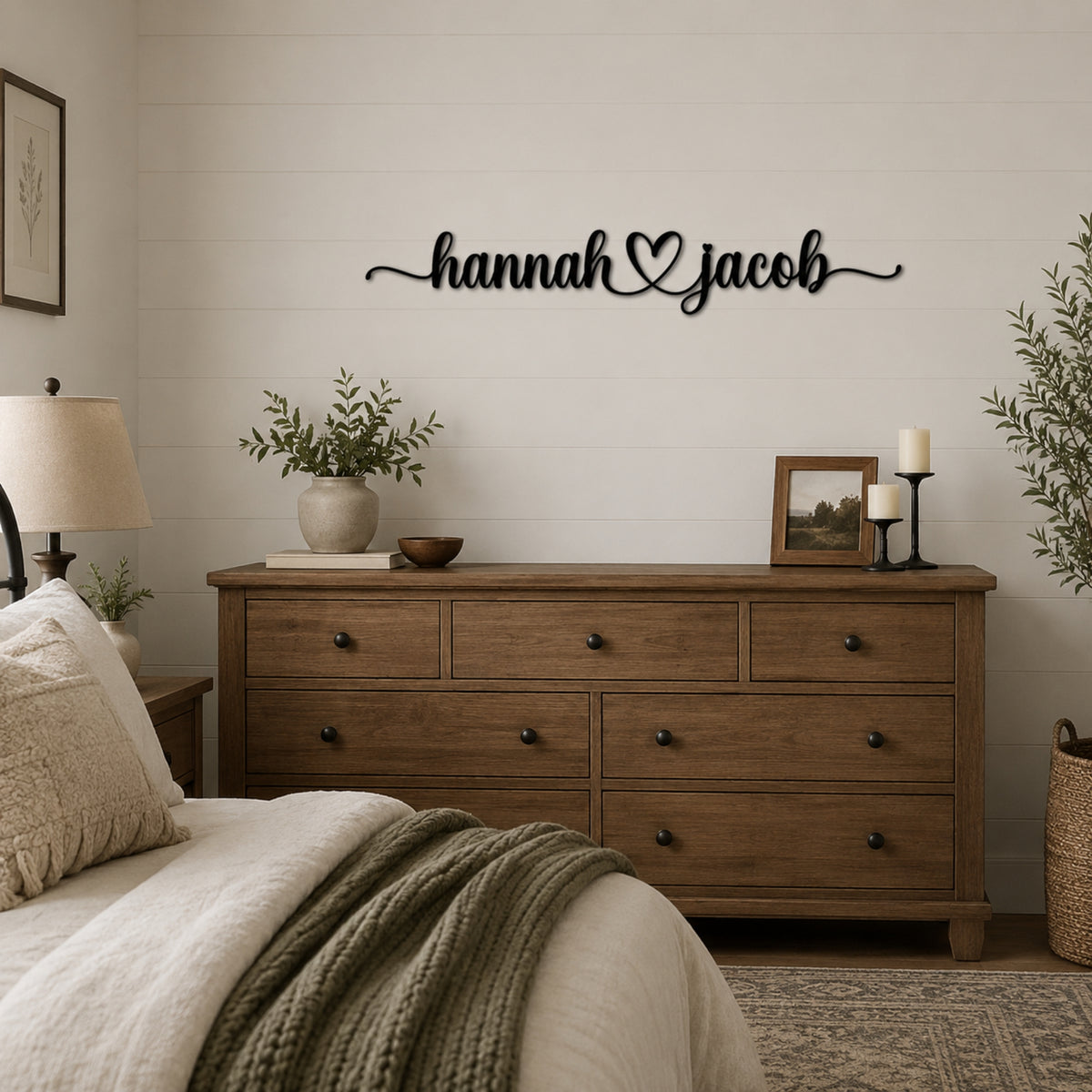 Personalized Couple Name Metal Sign with Heart – Romantic Script with Flourish Tails