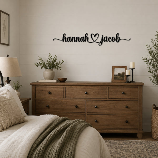 Personalized Couple Name Metal Sign with Heart – Romantic Script with Flourish Tails