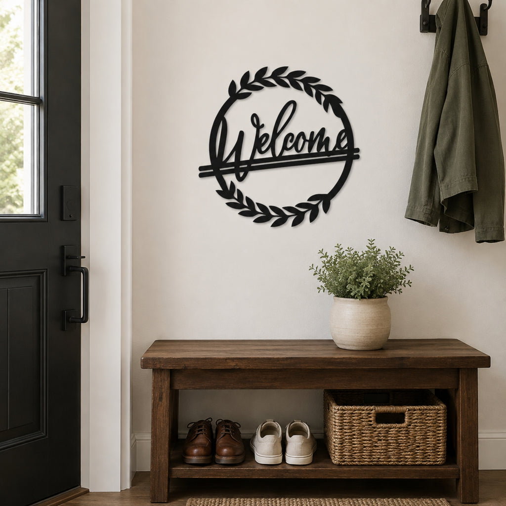 Welcome Wreath Metal Wall Art – Entryway & Porch Welcome Sign