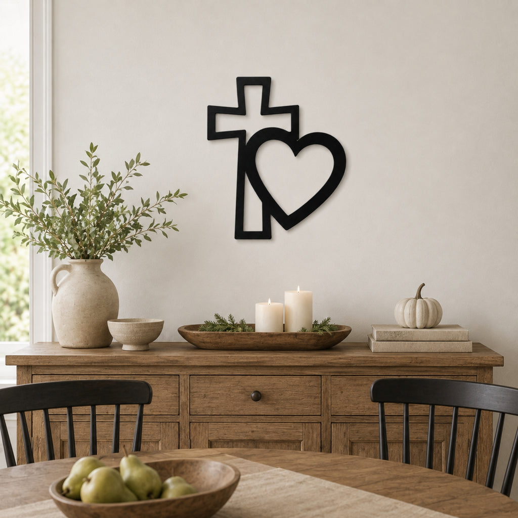 Cross & Heart Metal Wall Art – Christian Faith Love Decor