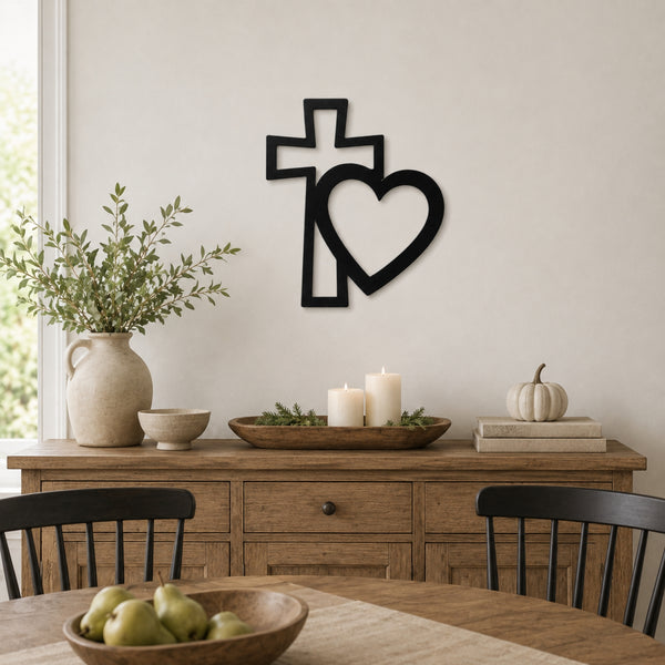 Cross & Heart Metal Wall Art – Christian Faith Love Decor