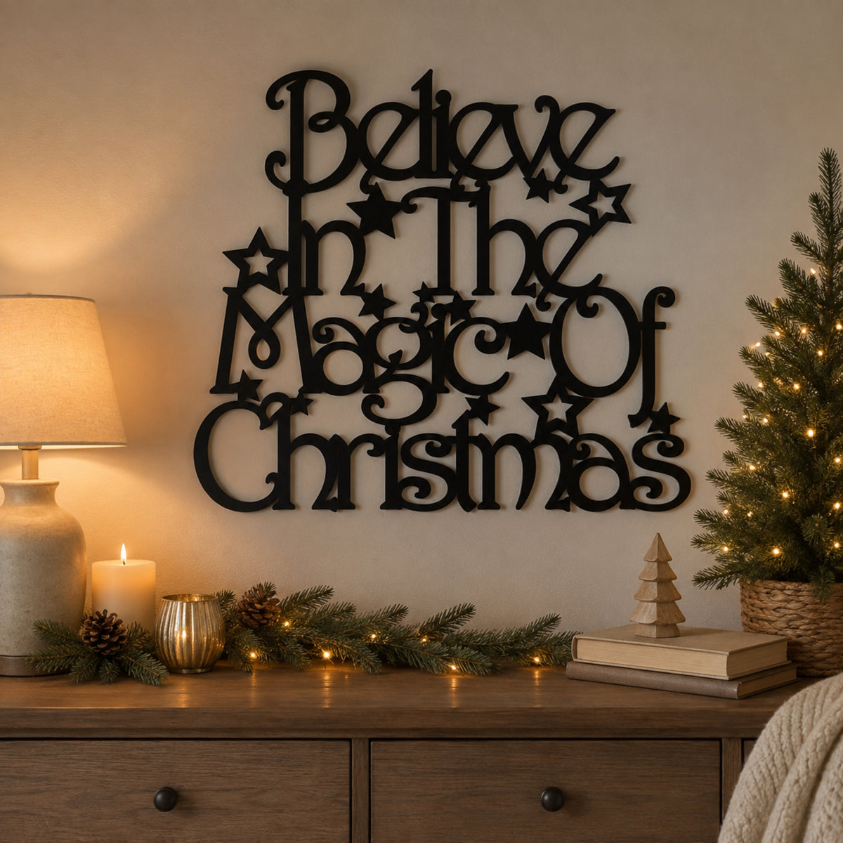 Black metal wall art with the phrase 'Believe in the Magic of Christmas' in an ornate script, mounted on a beige wall above a wooden console table decorated with a lamp, candle, pine garland, and a lit Christmas tree. Main image