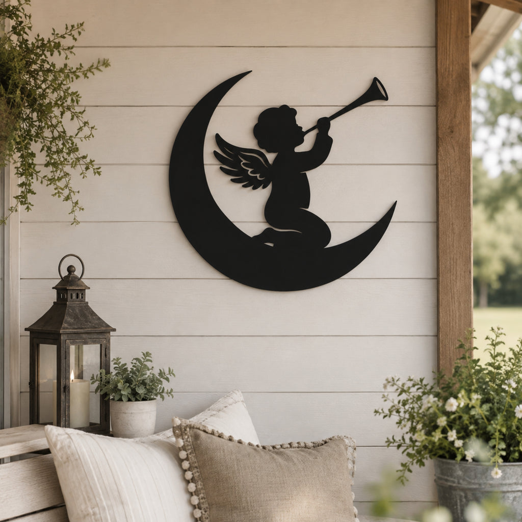 Angel on Moon Metal Wall Art – Celestial Nursery Decor