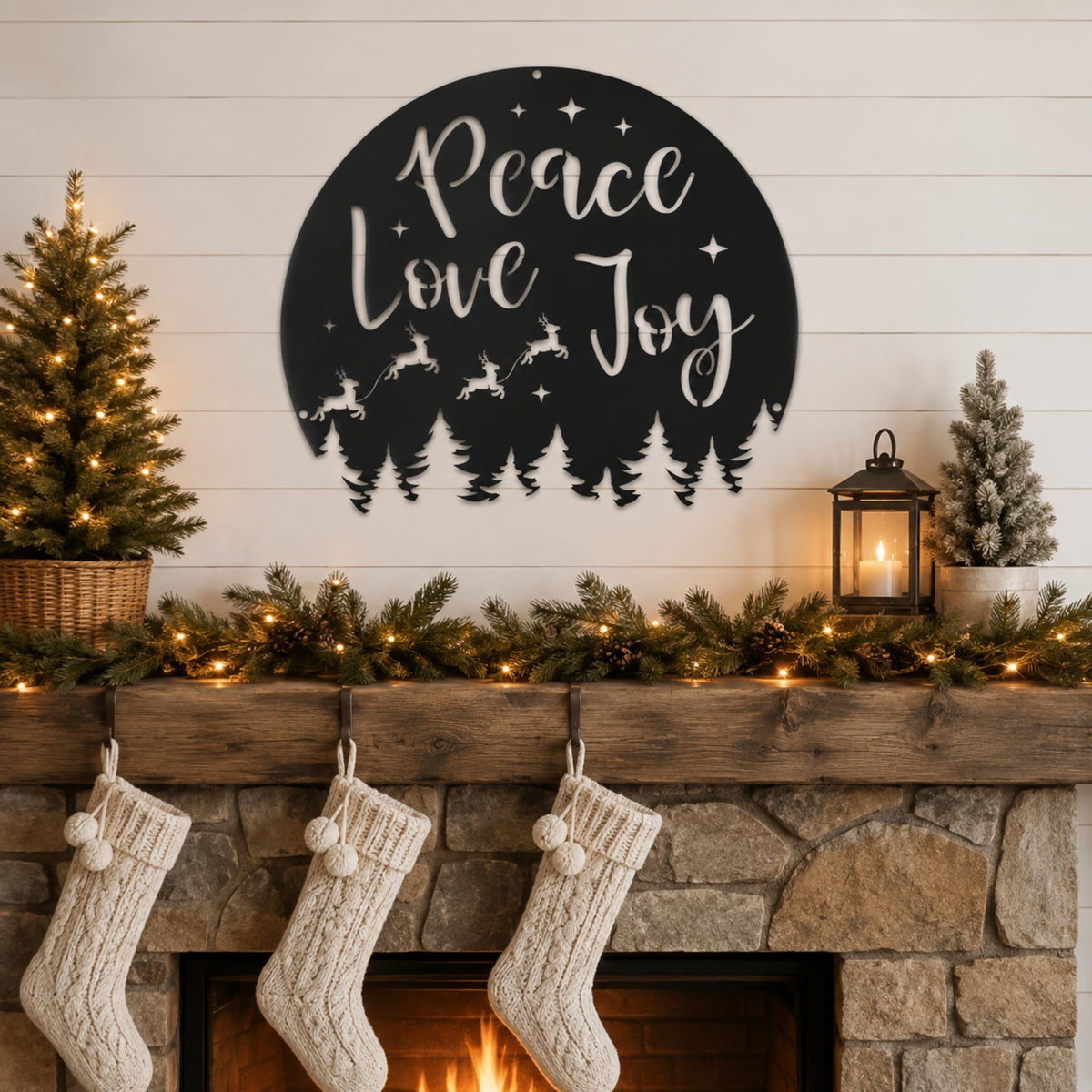 Peace Love Joy Christmas Metal Wall Art – Reindeer & Pine Tree Holiday Sign Main image