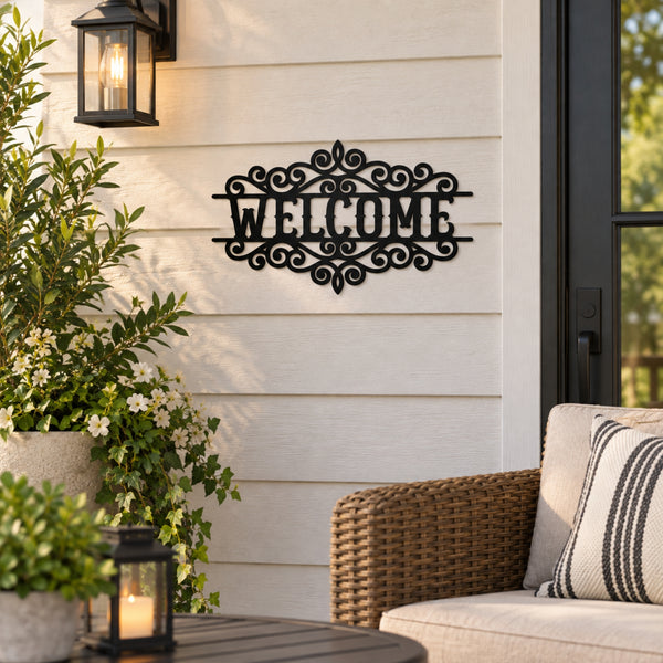 Ornate Welcome Metal Sign – Decorative Porch & Entryway Wall Decor