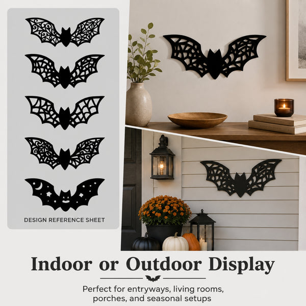 A collage showing black bat-shaped decorative wall displays, including a design reference sheet with five cutout styles and two lifestyle interior scenes mounted on walls above shelves and decor.
