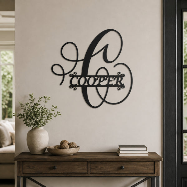 Personalized Script Monogram Family Name Sign – Custom Initial Metal Wall Art