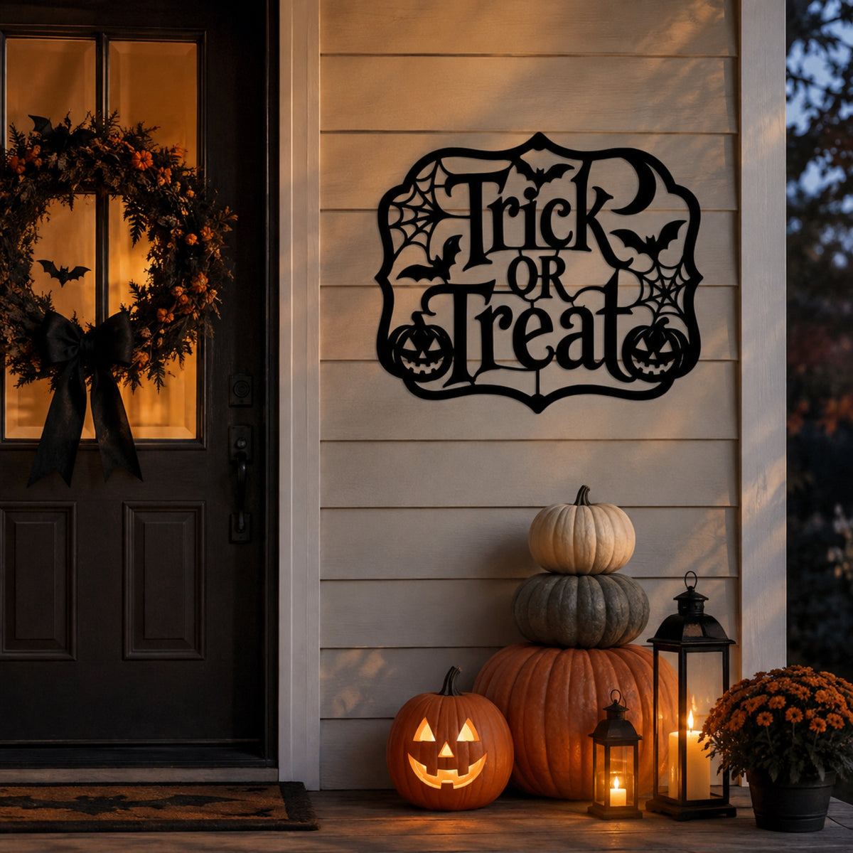 A black metal Halloween wall sign reading 'Trick or Treat' with bats and spiderweb details, mounted on a beige house siding wall next to a dark front door with a lit wreath. Below the sign, stacked pumpkins, a carved jack-o'-lantern, and glowing lanterns sit on the porch.