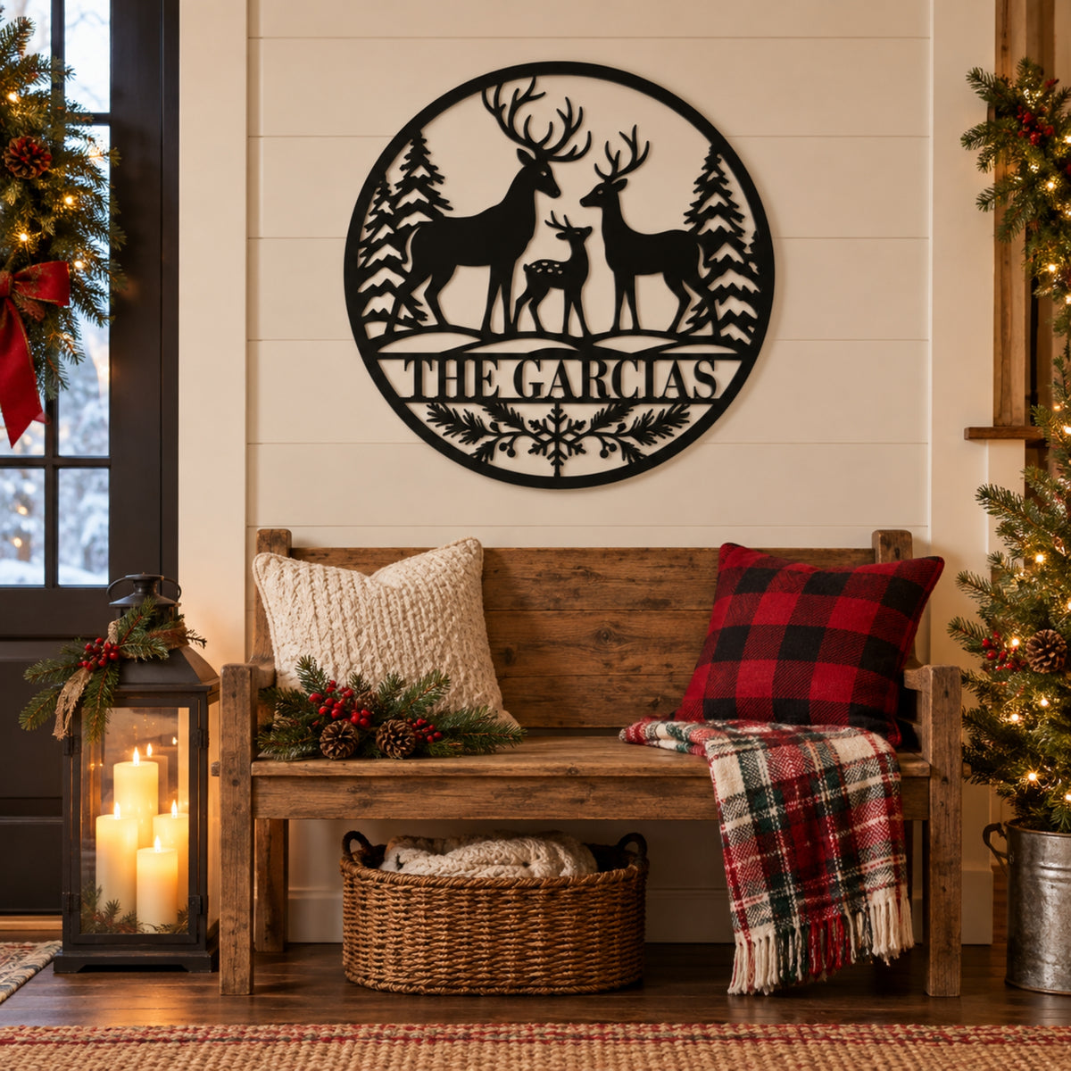Personalized Deer Family Christmas Metal Sign – Custom Last Name Holiday Decor