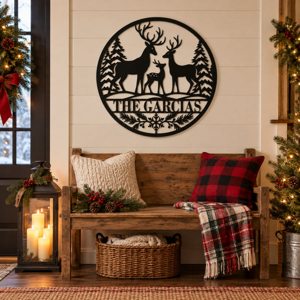 Personalized Deer Family Christmas Metal Sign – Custom Last Name Holiday Decor