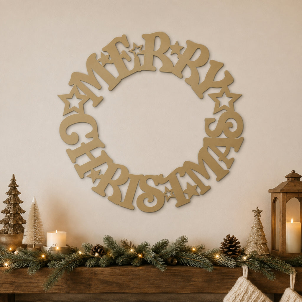 Merry Christmas Wreath Metal Wall Art – Holiday Star Christmas Decor