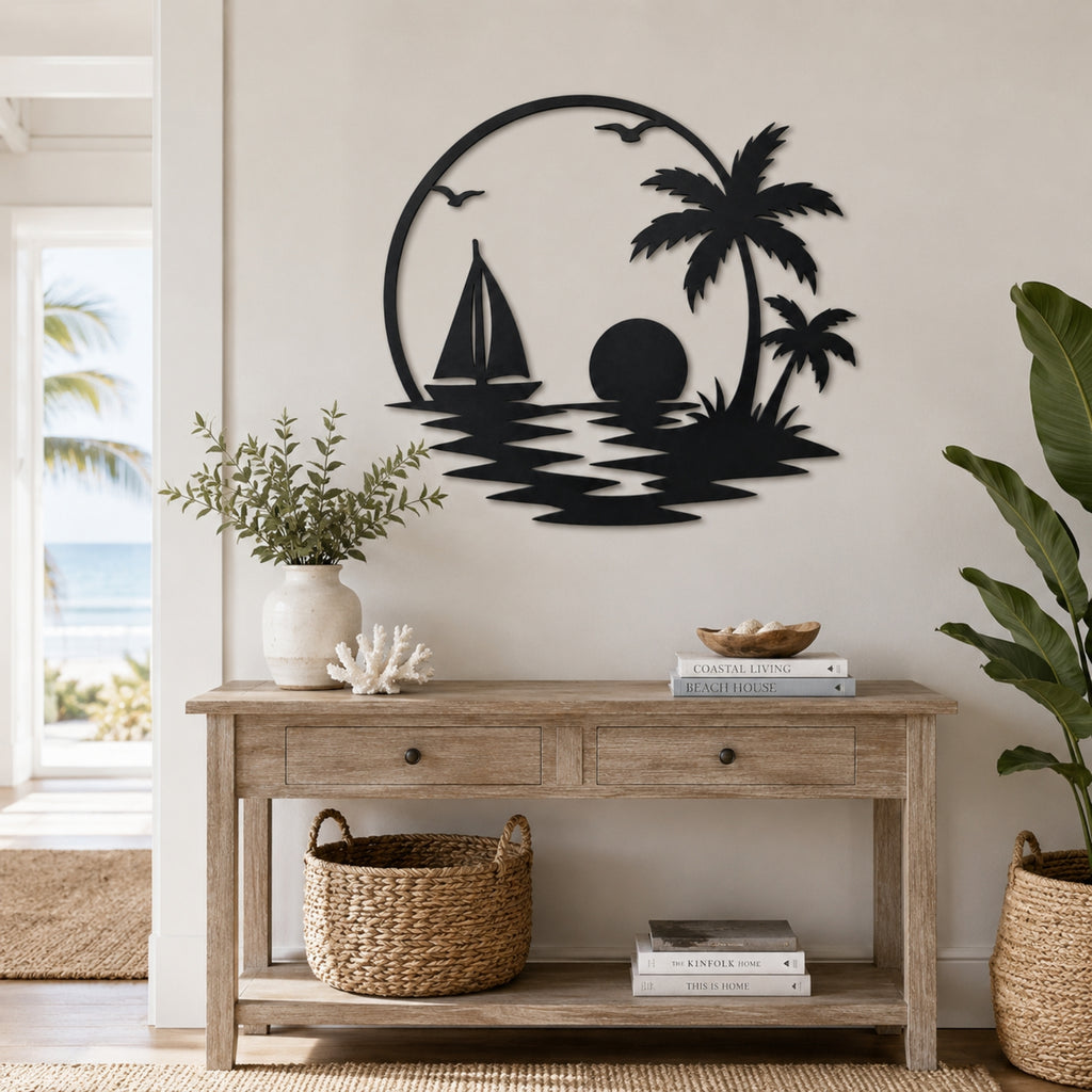 Tropical Sailboat Sunset Metal Wall Art – Palm Tree Coastal Decor
