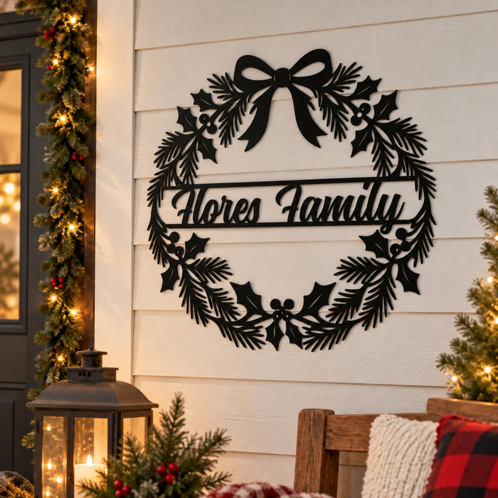 Personalized Christmas Wreath Metal Sign – Custom Family Name Holiday Decor