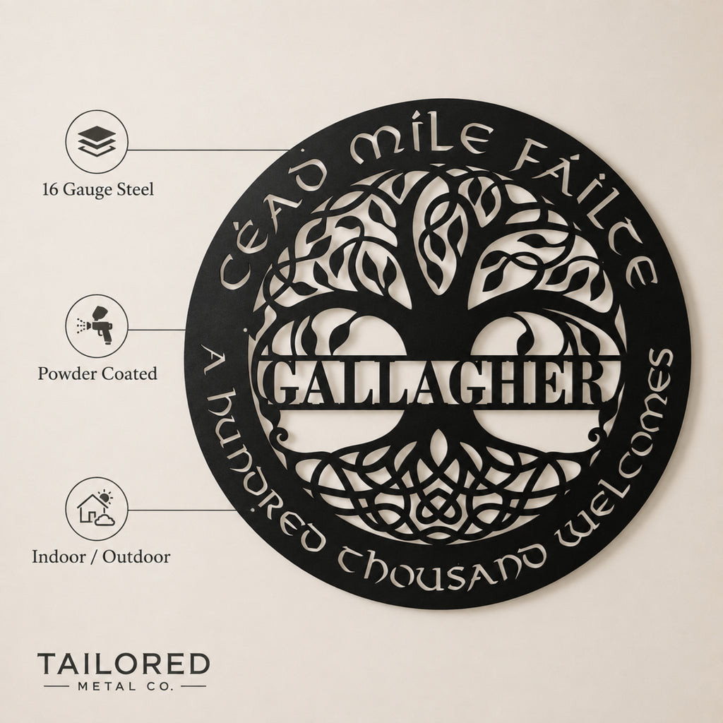 A circular black metal wall sign with a tree of life design and the name 'GALLACHER' in the center, shown on a light beige background with feature callouts for 16 gauge steel, powder coated finish, and indoor/outdoor use. Tailored Metal Co branding appears at the bottom.