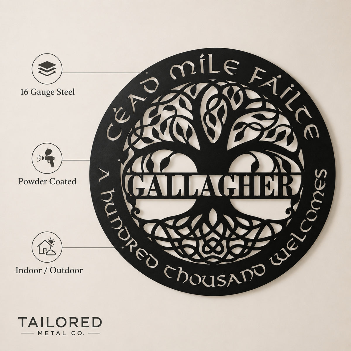 A circular black metal wall sign with a tree of life design and the name 'GALLACHER' in the center, shown on a light beige background with feature callouts for 16 gauge steel, powder coated finish, and indoor/outdoor use. Tailored Metal Co branding appears at the bottom.