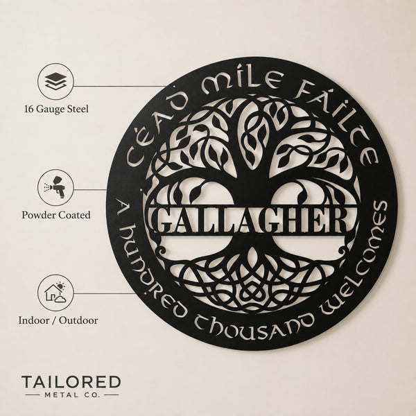 A circular black metal wall sign with a tree of life design and the name 'GALLACHER' in the center, shown on a light beige background with feature callouts for 16 gauge steel, powder coated finish, and indoor/outdoor use. Tailored Metal Co branding appears at the bottom.