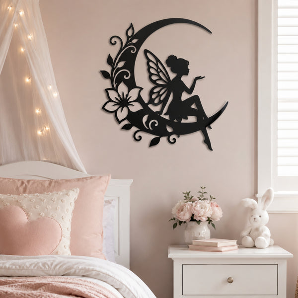 Fairy on Crescent Moon Metal Wall Art – Floral Fairy Wall Decor