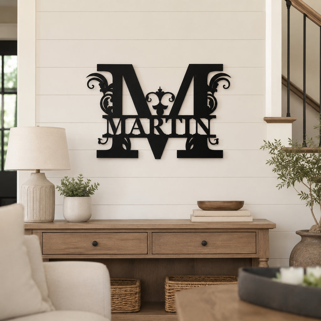 Personalized Ornate Monogram Family Name Sign – Custom Initial Metal Wall Art