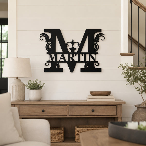 Personalized Ornate Monogram Family Name Sign – Custom Initial Metal Wall Art