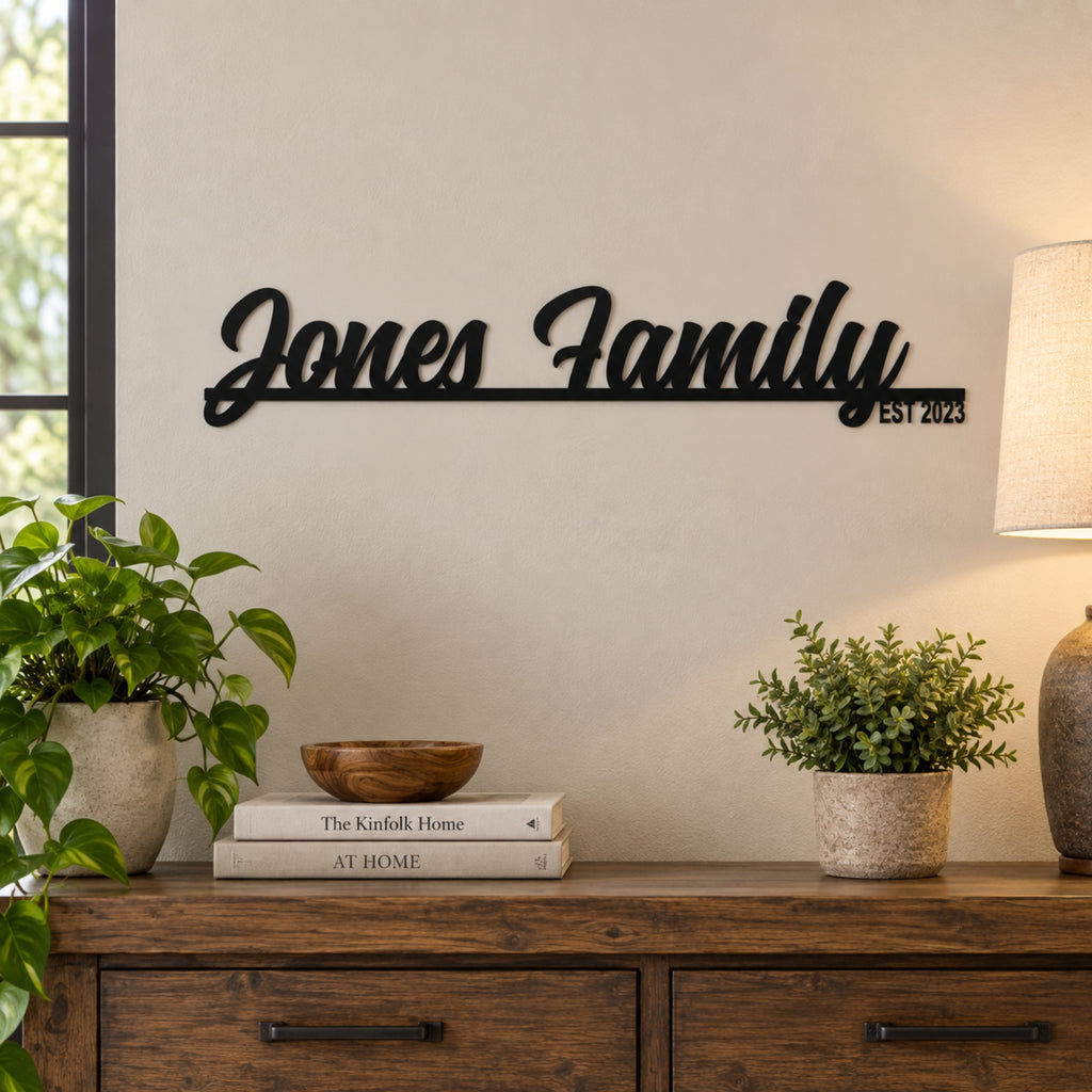 Personalized Family Name Metal Sign with Established Year – Script Surname Wall Art