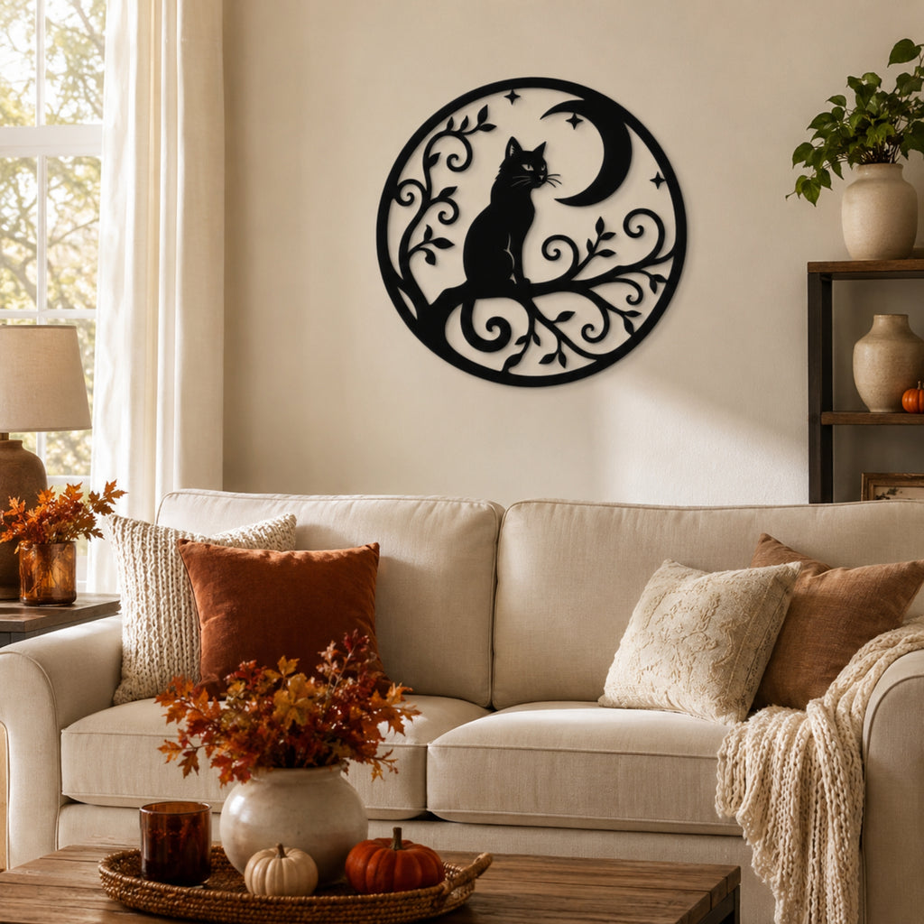 A black metal wall art piece featuring a cat silhouette and crescent moon on a circular scrollwork design, displayed on a beige wall above a cream-colored sofa in a styled living room.