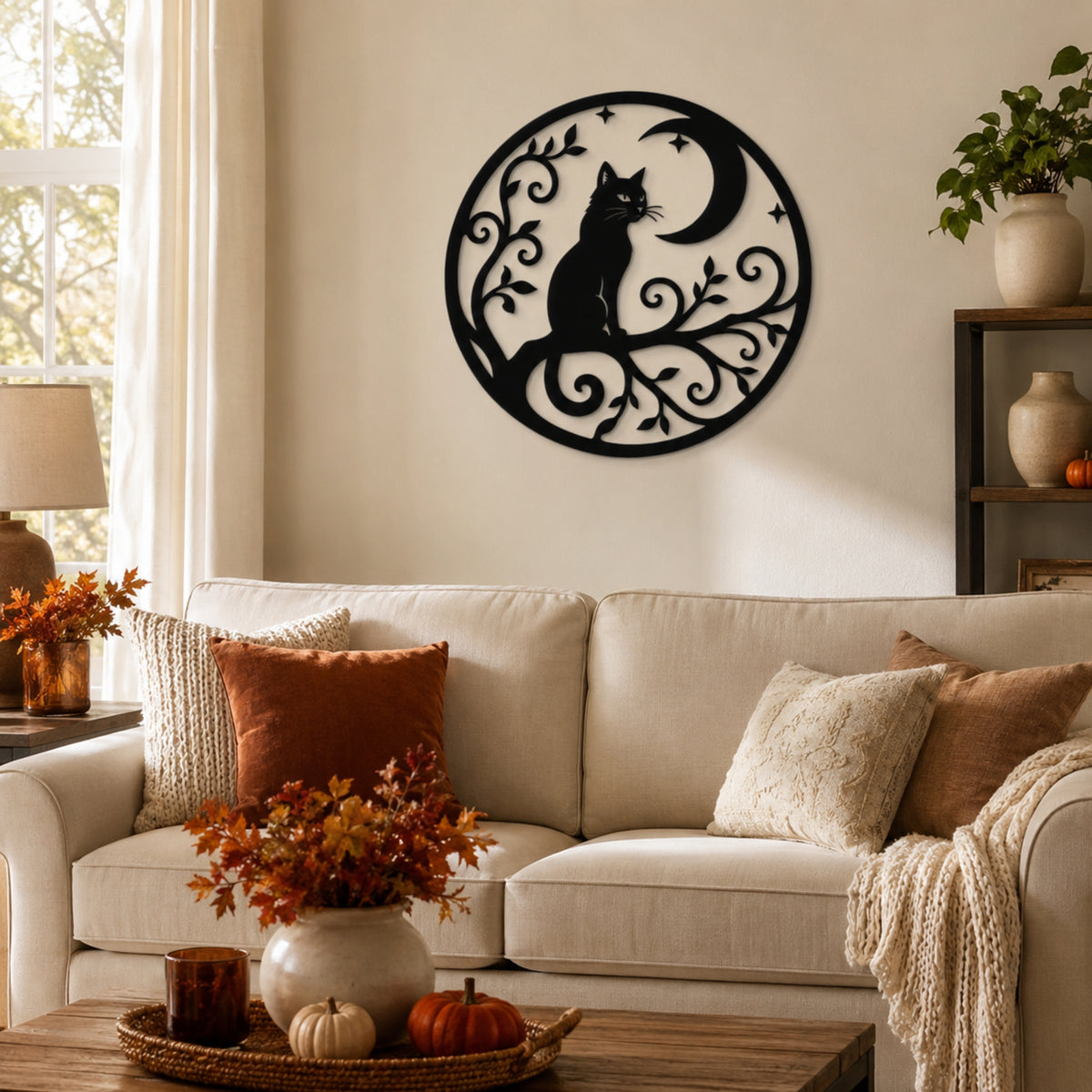 A black metal wall art piece featuring a cat silhouette and crescent moon on a circular scrollwork design, displayed on a beige wall above a cream-colored sofa in a styled living room.