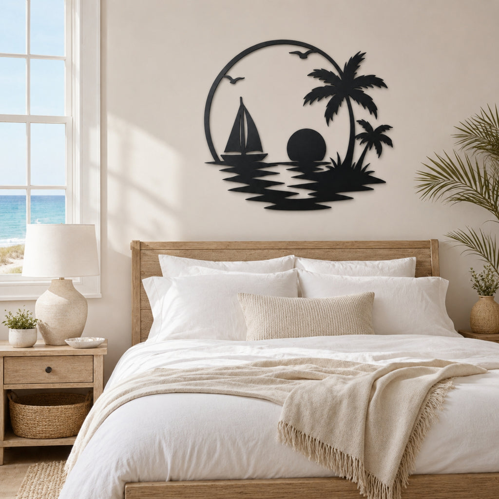 Tropical Sailboat Sunset Metal Wall Art – Palm Tree Coastal Decor