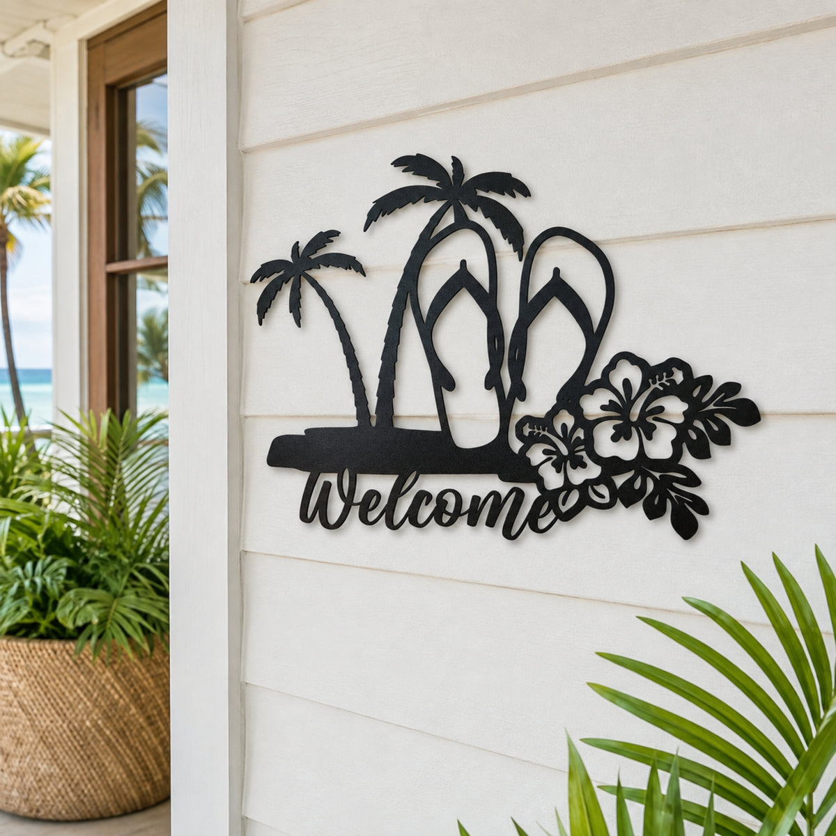 Tropical Welcome Metal Wall Art – Palm Tree & Flip Flop Decor
