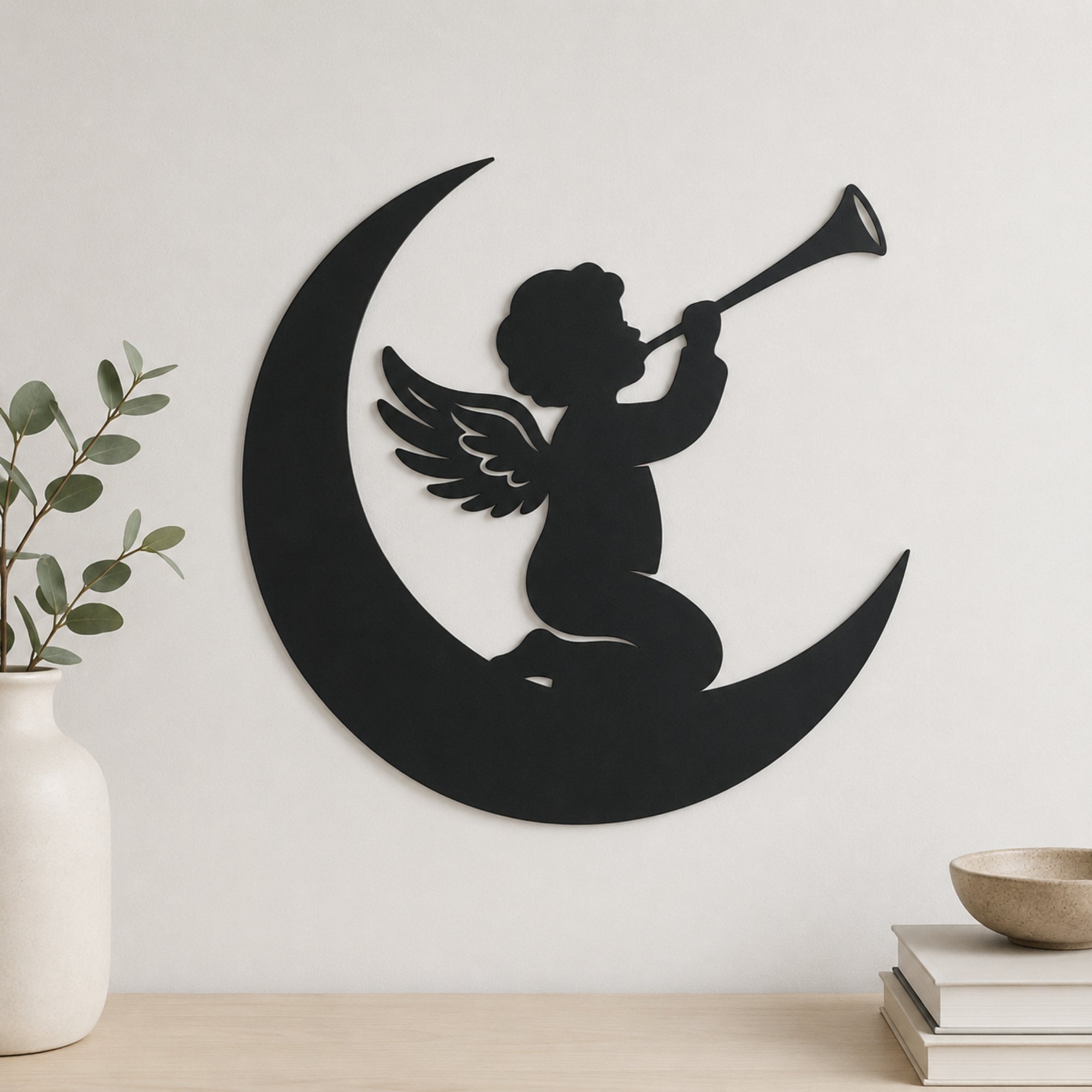 Angel on Moon Metal Wall Art – Celestial Nursery Decor Main image