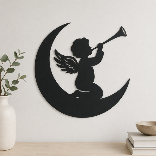Angel on Moon Metal Wall Art – Celestial Nursery Decor