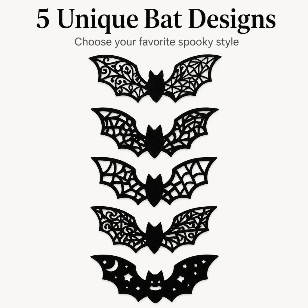 Five black bat-shaped decorative designs with intricate web-like cutout patterns, shown vertically on a light gray background with the text '5 Unique Bat Designs' and 'Choose your favorite spooky style' above them.