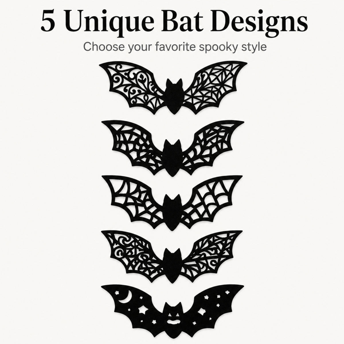 Five black bat-shaped decorative designs with intricate web-like cutout patterns, shown vertically on a light gray background with the text '5 Unique Bat Designs' and 'Choose your favorite spooky style' above them.