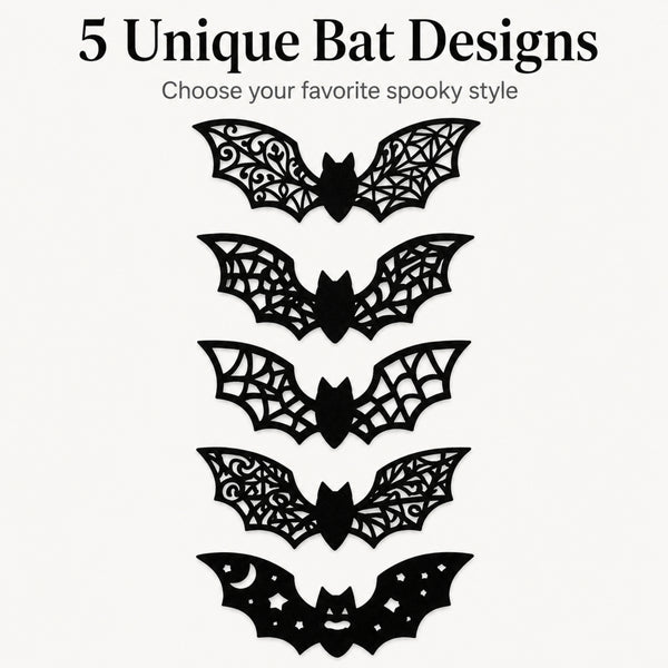 Five black bat-shaped decorative designs with intricate web-like cutout patterns, shown vertically on a light gray background with the text '5 Unique Bat Designs' and 'Choose your favorite spooky style' above them.