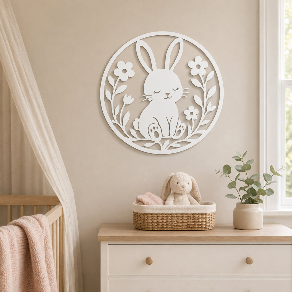 White circular wall art featuring a bunny and floral cutout design, displayed on a beige wall above a wooden dresser in a softly styled nursery.