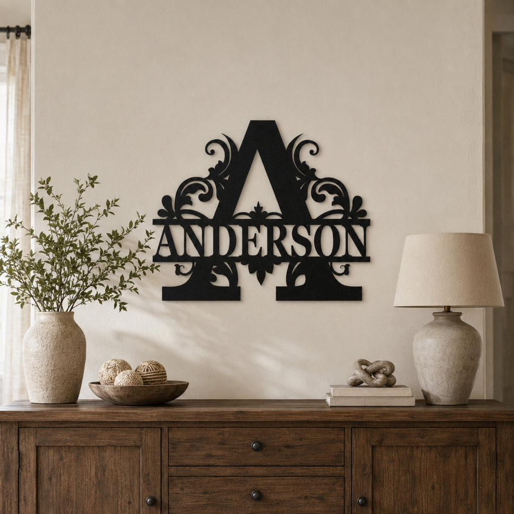 Personalized Ornate Monogram Family Name Sign – Custom Initial Metal Wall Art