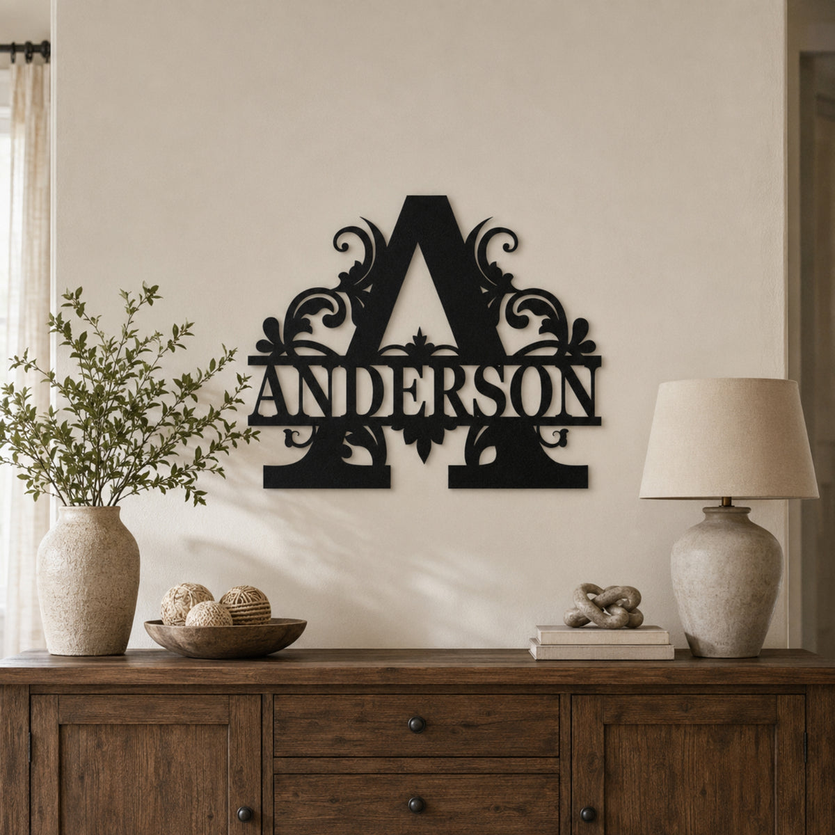 Personalized Ornate Monogram Family Name Sign – Custom Initial Metal Wall Art