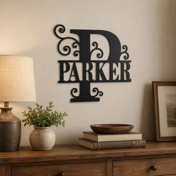 Personalized Scroll Monogram Family Name Sign – Custom Initial Metal Wall Art