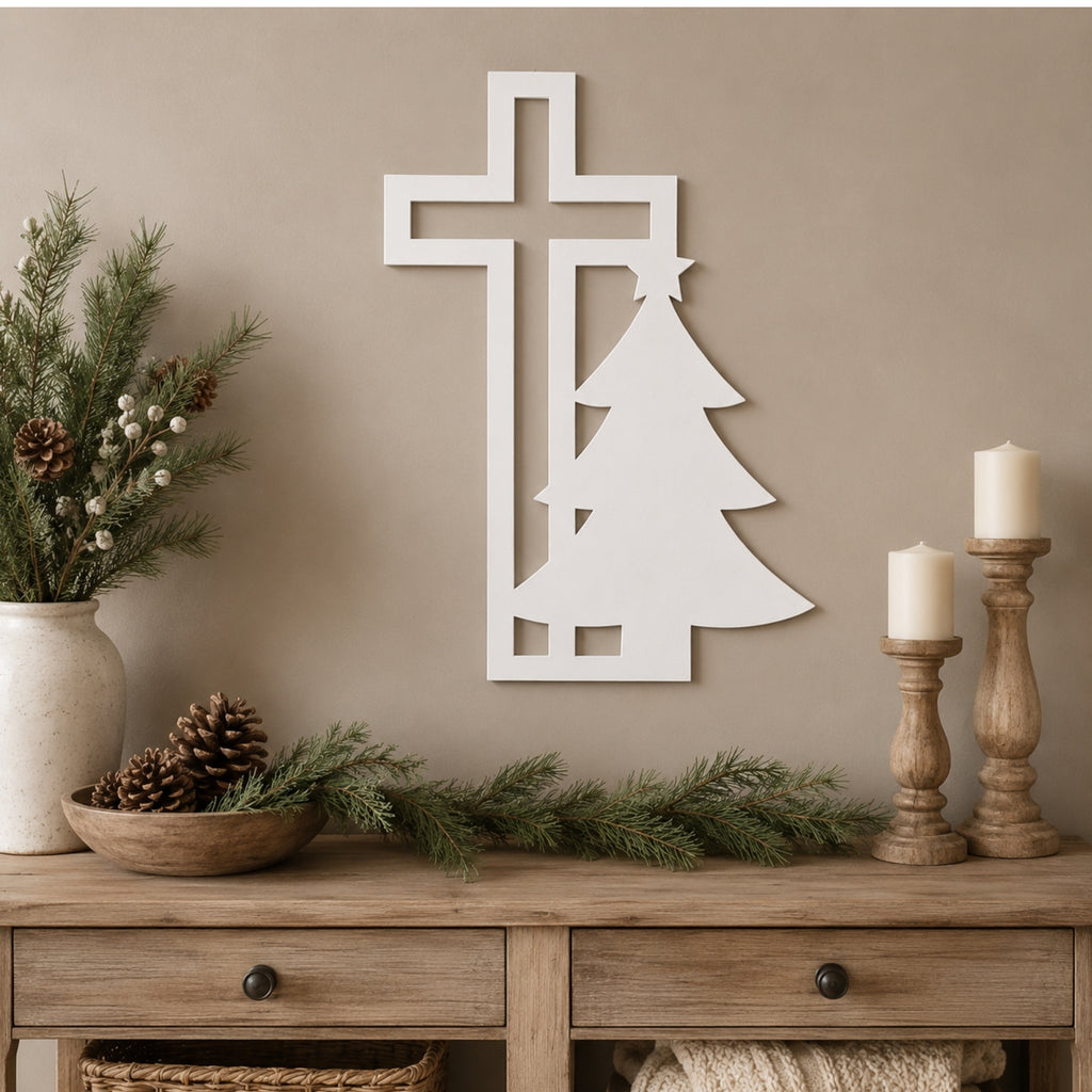 Christian Cross & Christmas Tree Metal Wall Art – Holiday Faith Decor