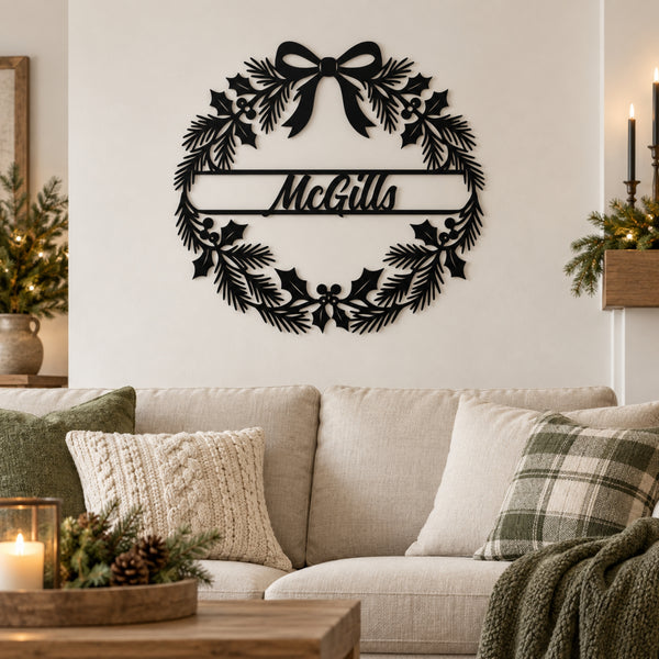 Personalized Christmas Wreath Metal Sign – Custom Family Name Holiday Decor