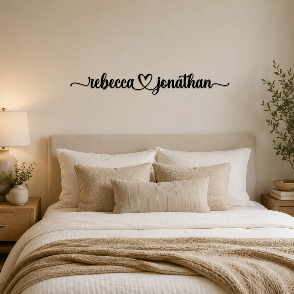 Personalized Couple Name Metal Sign with Heart – Romantic Script with Flourish Tails