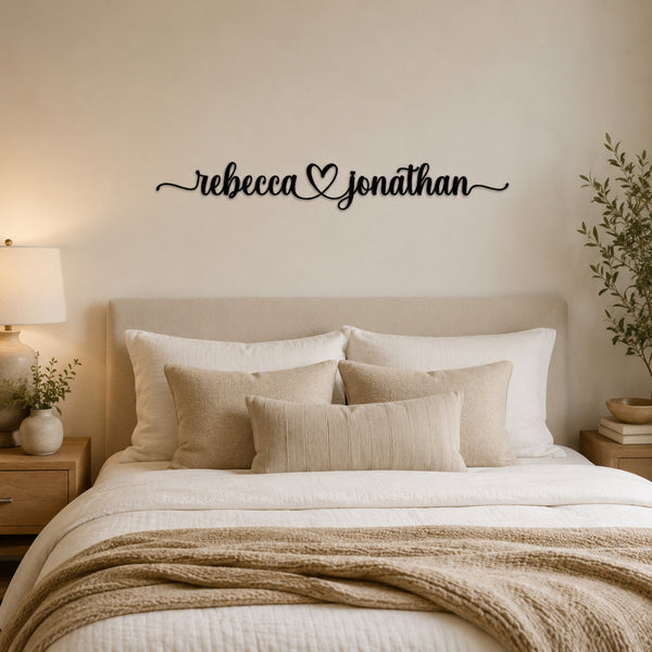Personalized Couple Name Metal Sign with Heart – Romantic Script with Flourish Tails
