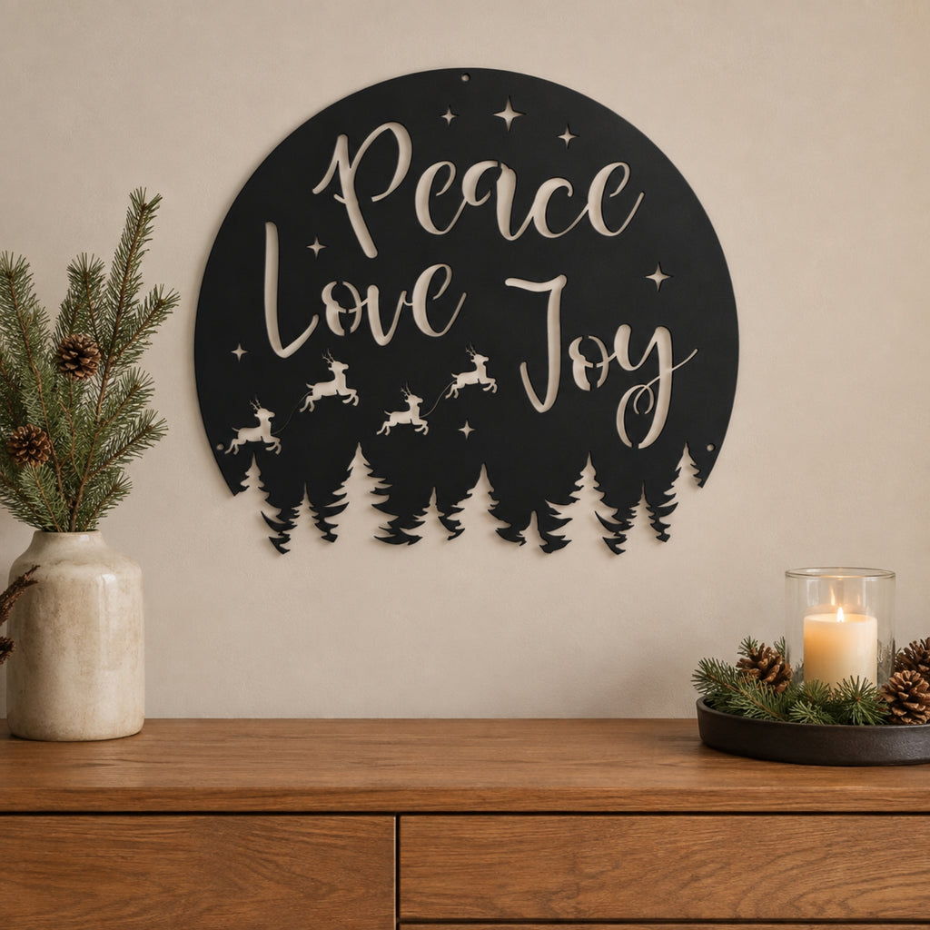Peace Love Joy Christmas Metal Wall Art – Reindeer & Pine Tree Holiday Sign