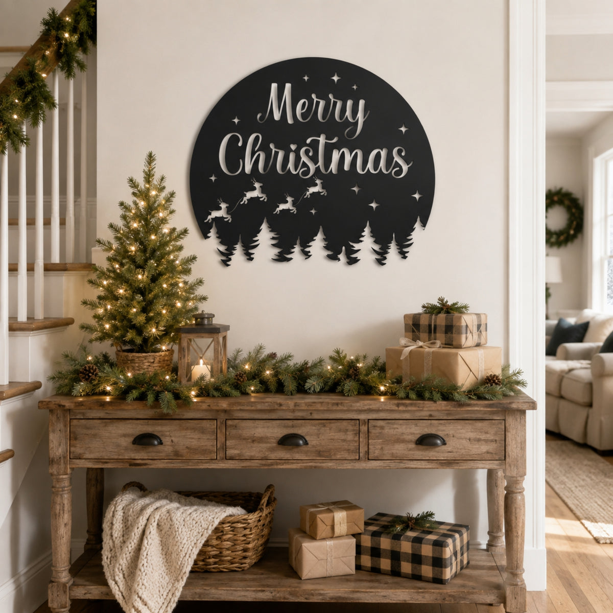 Merry Christmas Metal Wall Art – Reindeer & Pine Tree Holiday Sign Main image