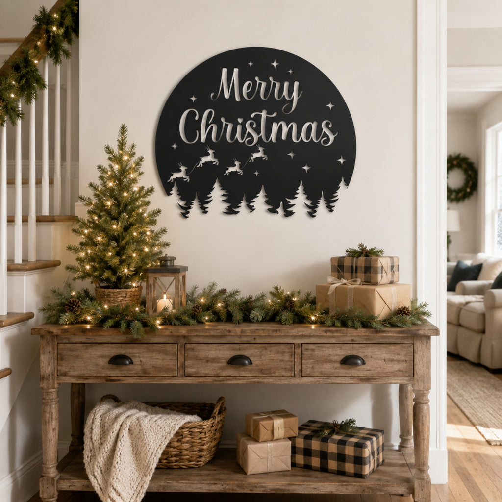 Merry Christmas Metal Wall Art – Reindeer & Pine Tree Holiday Sign