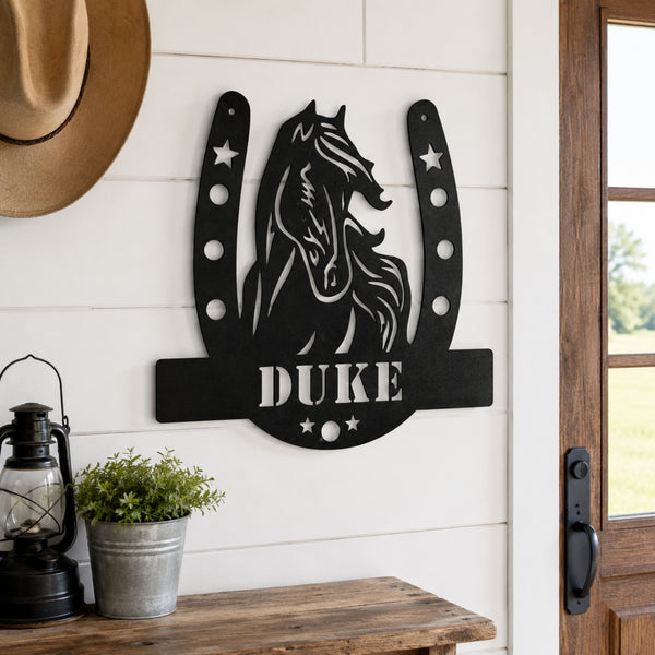 Personalized Horse Name Metal Sign – Horseshoe Equestrian Wall Art