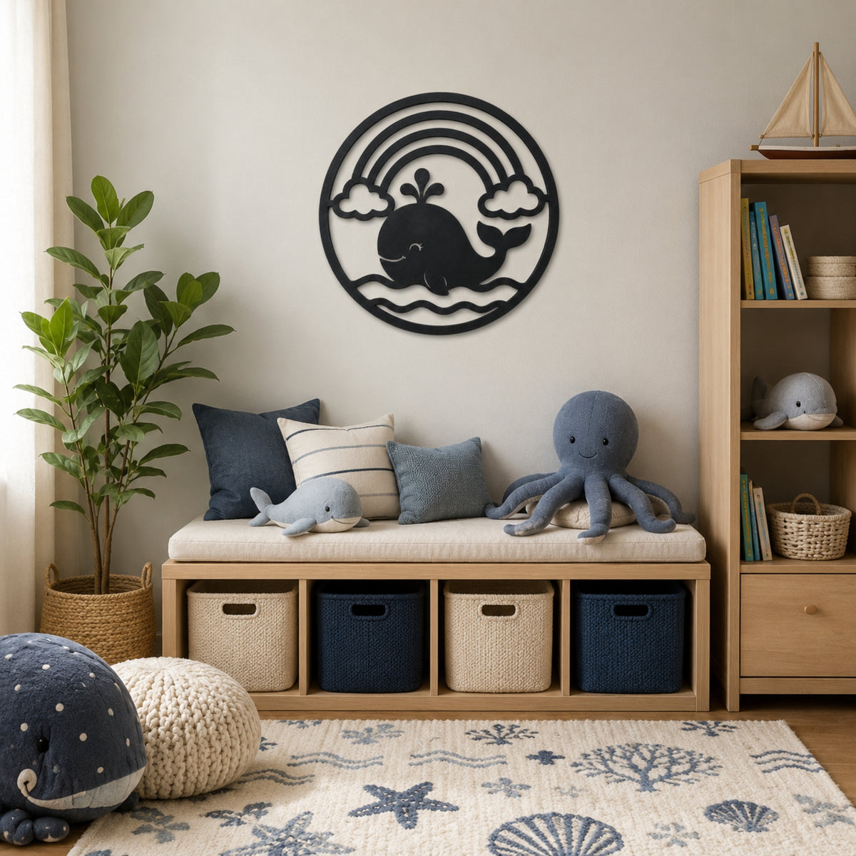 A styled children's room corner featuring a light wood bench with storage cubbies, navy and blue pillows, a blue octopus plush toy, a potted plant, a rug with nautical prints, and a black whale wall decor piece on the wall.