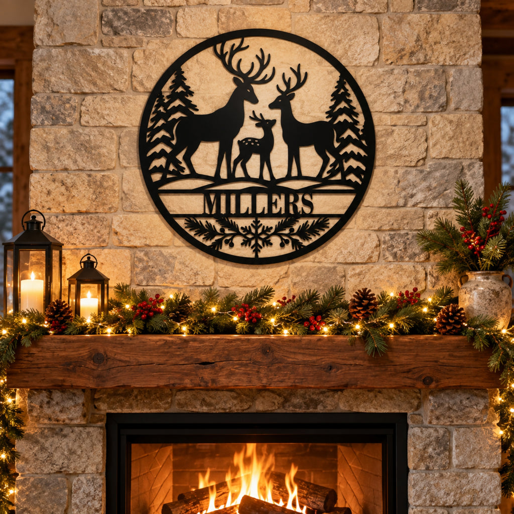 Personalized Deer Family Christmas Metal Sign – Custom Last Name Holiday Decor