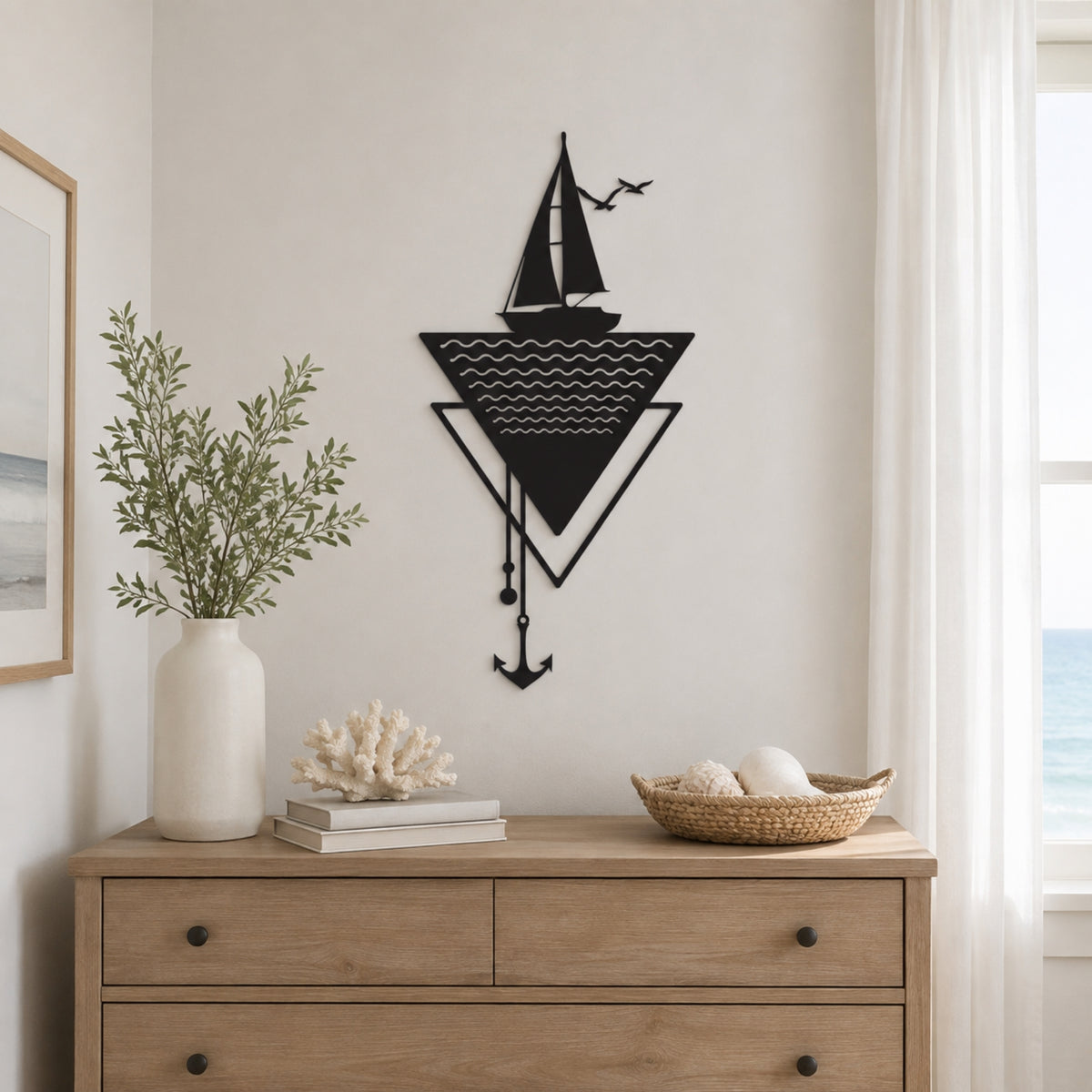Modern Sailboat Metal Wall Art with Anchor – Nautical Coastal Decor Main image